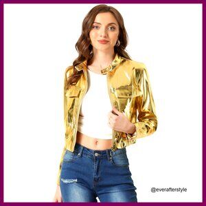Crop Moto Jacket Glitter Holographic Metallic Zip Up Faux Leather Y2K Chic
